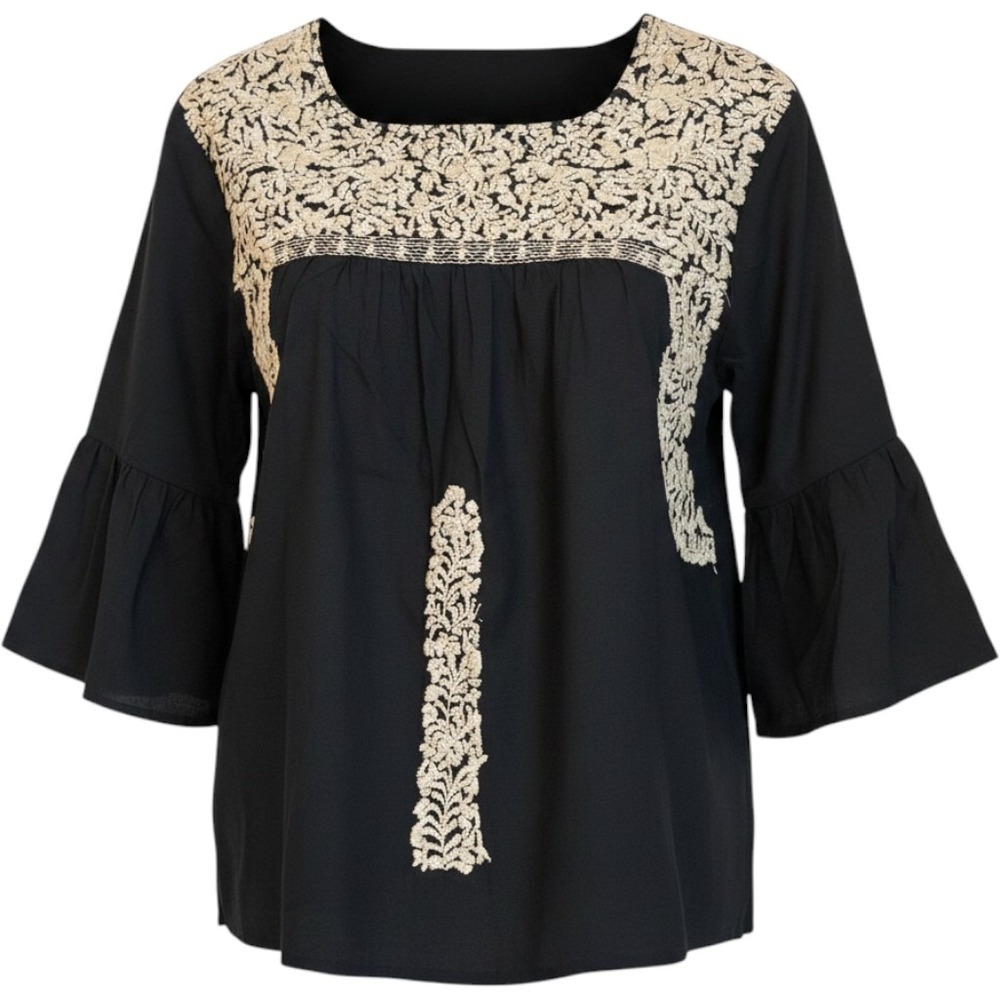 J.Marie Size S Embroidered Oaxacan Style 3/4 Bell Sleeve Top Black Tan Boho